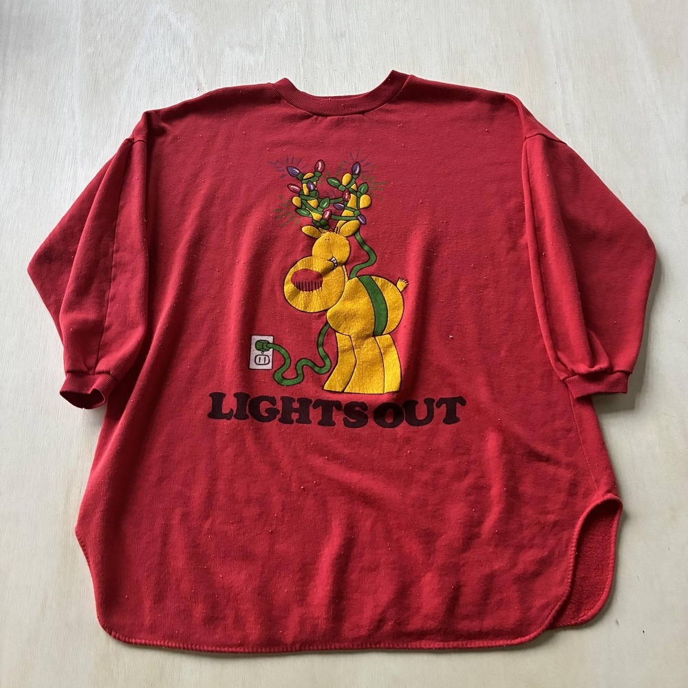 Vintage Christmas Reindeer Womens Large Red Fleece Lights Out Sleepwear Crewneck